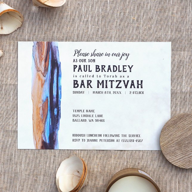 Vivid Caramel & Blue Bar Mitzvah Einladung (modern bar mitzvah invitations with bold abstract beige brown blue purple paint stroke)