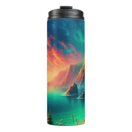 Vivid Fiery Digital Coastal Sunset Lighthouse Thermosbecher