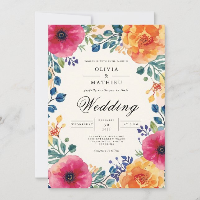 Vivid Floral Blossom Wedding Einladung (Vorderseite)