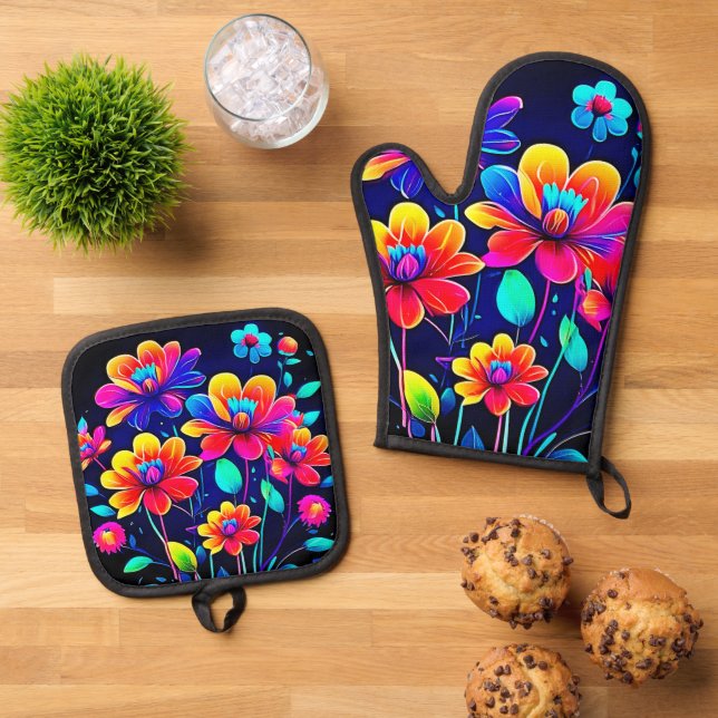 Vivid Floral Bouquet Ofenhandschuh & Topflappen-Set (Oben Unten)