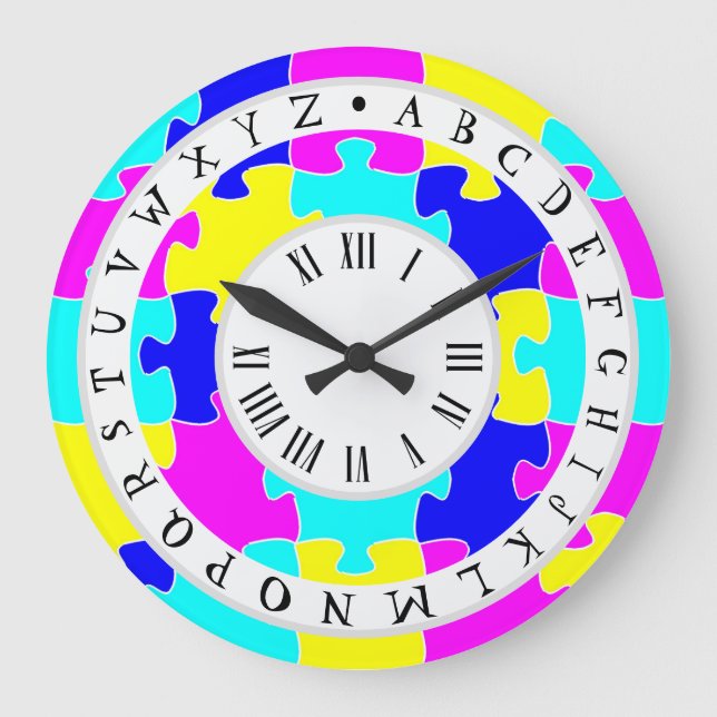 Vivid Hot Pink, Blau und Gelb Jigsaw. Alphabet Große Wanduhr (Vorderseite)
