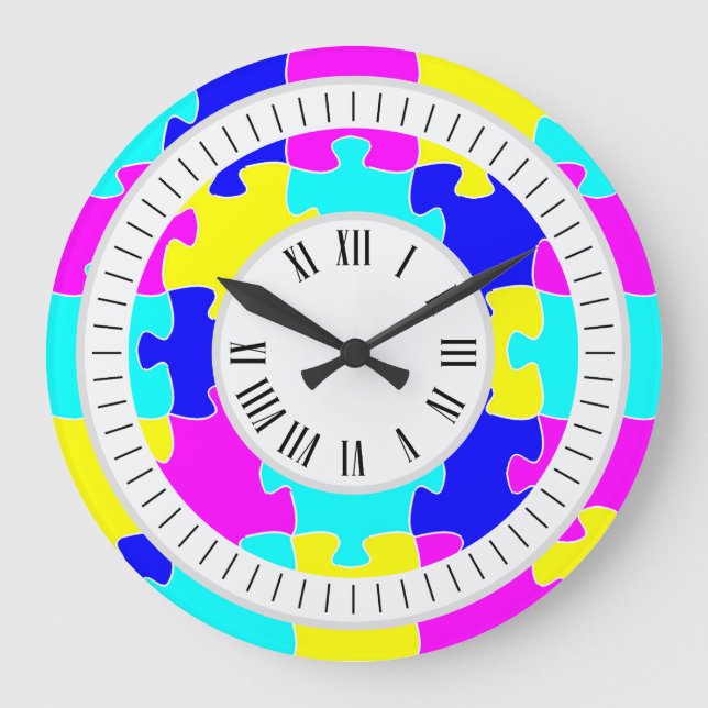 Vivid Hot Pink, Blau und Gelb Puzzle Kunst Große Wanduhr (Vorderseite)