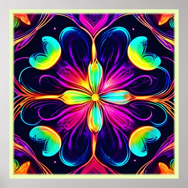 Vivid Neon Floral Mandala Art Poster (Vorne)