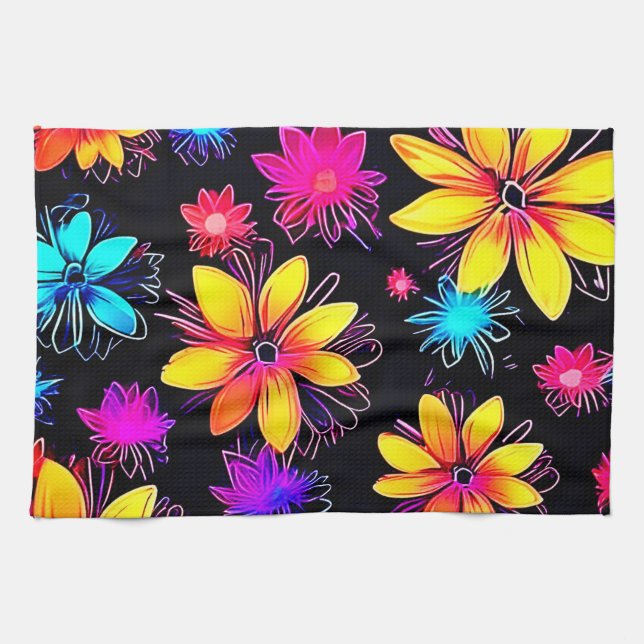 Vivid Neon Floral Pattern Geschirrtuch (Horizontal)