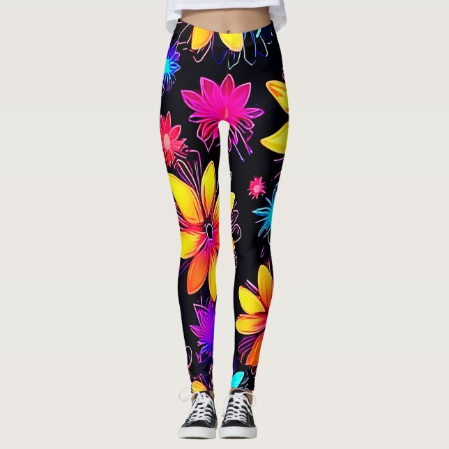 Vivid Neon Floral Pattern Leggings (Vorderseite)
