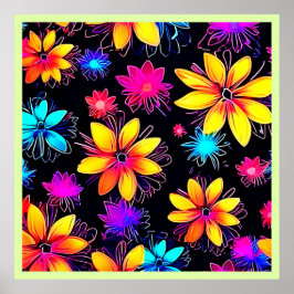 Vivid Neon Floral Pattern Poster