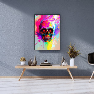 Vivid Neon Sugar Skull mit Abstraktem Paint Splash Fotodruck