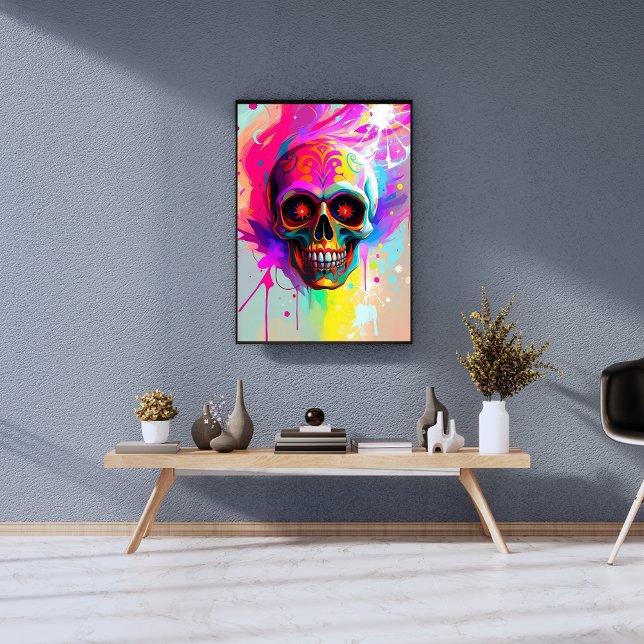 Vivid Neon Sugar Skull mit Abstraktem Paint Splash Fotodruck (Von Creator hochgeladen)