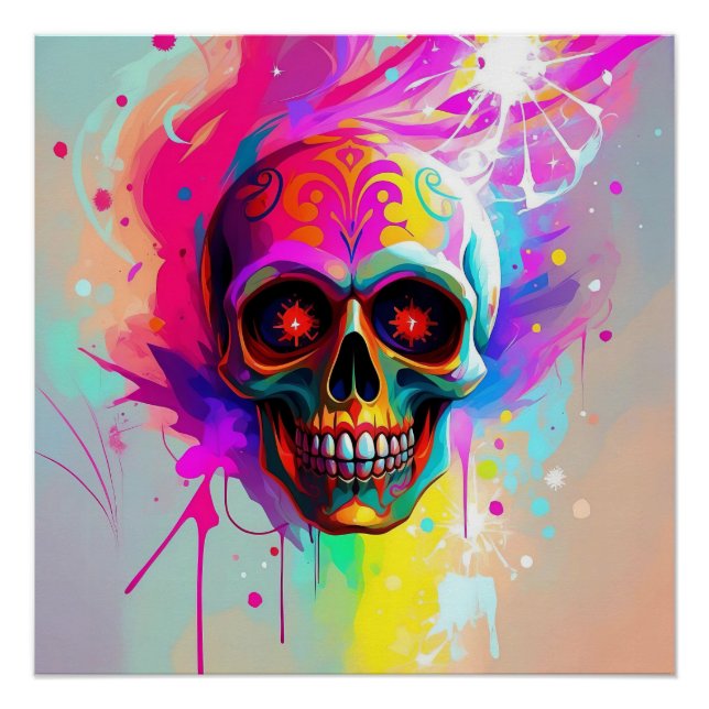 Vivid Neon Sugar Skull mit Abstraktem Paint Splash Poster (Vorderseite)