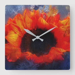 Vivid Orange Sonnenblume auf der Grauwanduhr Quadratische Wanduhr