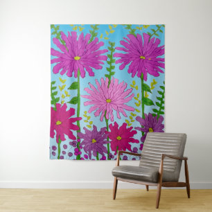 Vivid Pink Blume Zeichnend auf Blue Wandteppich