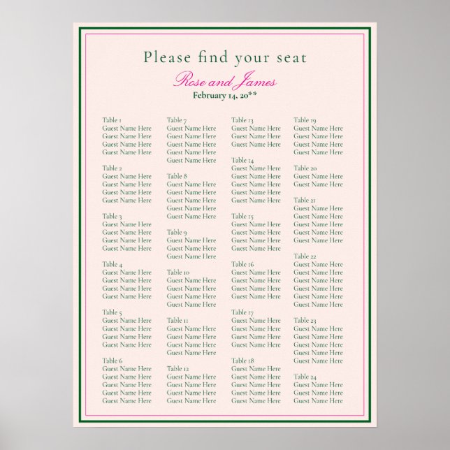 Vivid Pink Wedding Seating Chart Poster (Vorne)