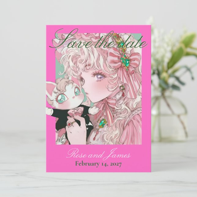 Vivid Pink Y2K Anime Gothic Cat Save the Date (Stehend Vorderseite)