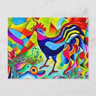 "Vivid Plumage". Ein surreal farbenfroher Hahn Postkarte