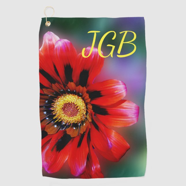 Vivid Red Blume Gazania Mit Monogramm Monogram Golfhandtuch (Vorderseite)