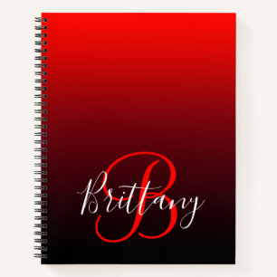 Vivid Red Burgundy und Black Ombre Monogram Notizbuch
