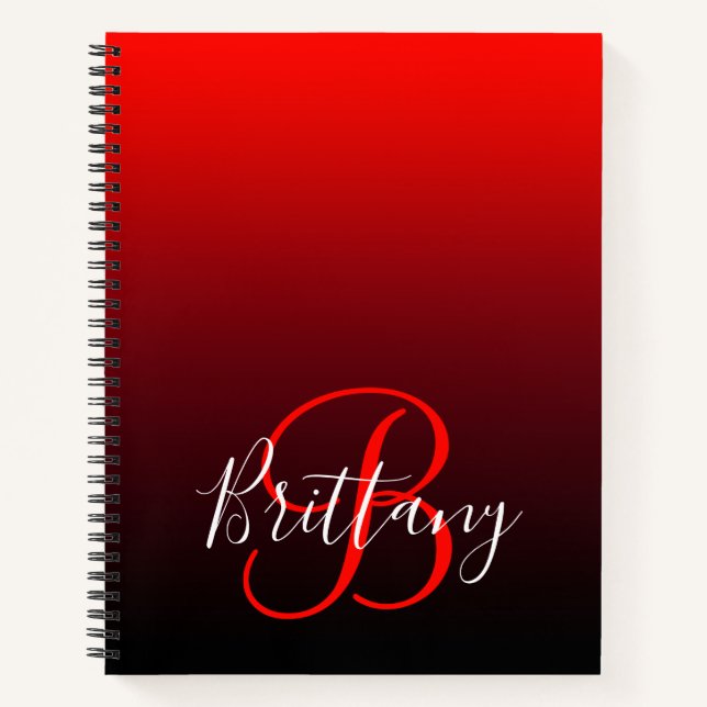 Vivid Red Burgundy und Black Ombre Monogram Notizbuch (Vorderseite)