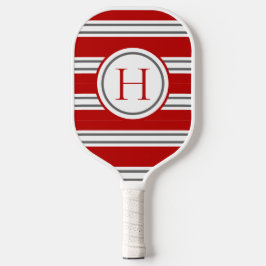 Vivid Red & Grey Modern Striped Monogram Pickleball Schläger