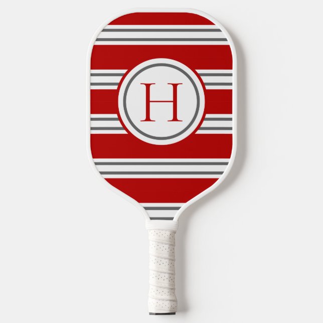 Vivid Red & Grey Modern Striped Monogram Pickleball Schläger (Vorderseite)