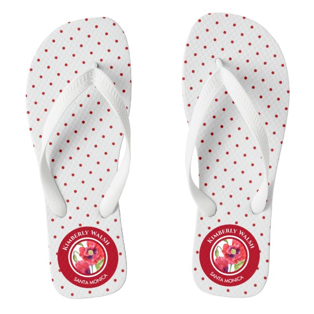Vivid Red Poppies floral Circle Polka Dots Flip Flops (Fußbett)