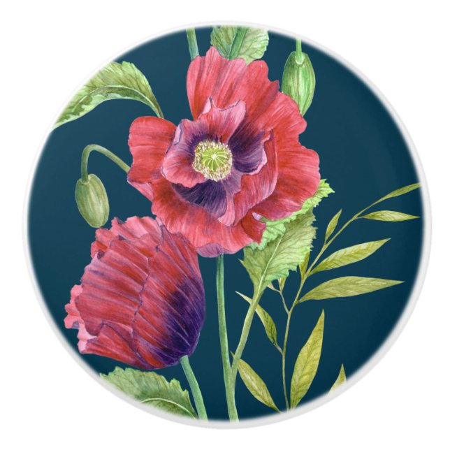 Vivid Red Poppies Floral Watercolor Dunkel Türkis Keramikknauf (Vorderseite)
