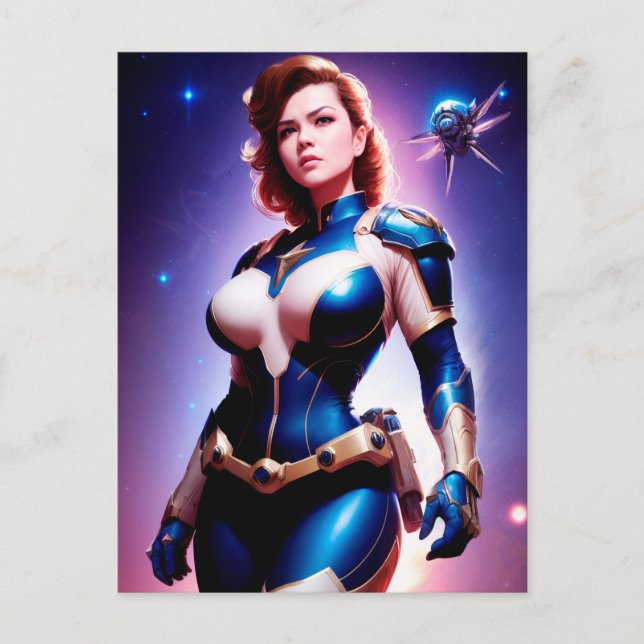 Vivid Retro 50's Female Sci Fi Space Ranger Postkarte (Vorderseite)