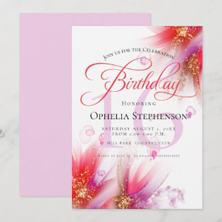 Vivid Scarlet Lilac Abstrakt Floral Geburtstag Einladung