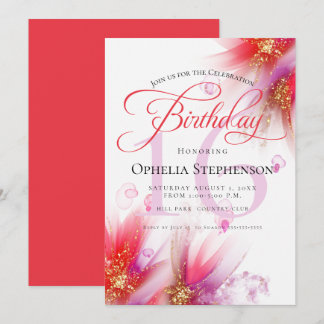Vivid Scarlet Lilac Abstrakt Floral Geburtstag Einladung