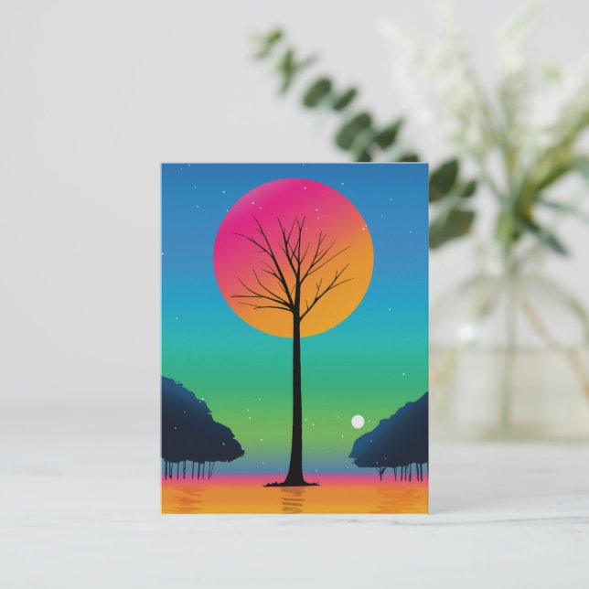 Vivid Tree Unter einem kosmischen Regenbogen Himme Postkarte (Stehend Vorderseite)