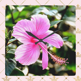 Vivid Tropical Pink Hibiscus Quadratische Wanduhr