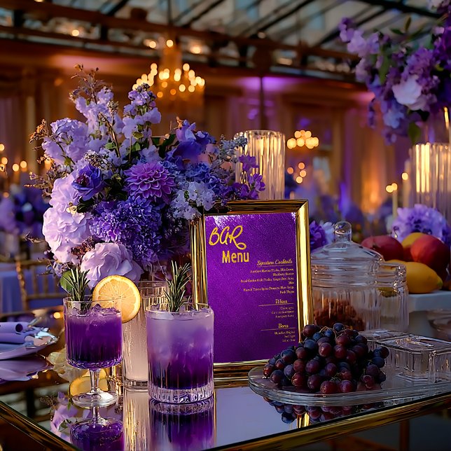 Vivid Violet Lila Hochzeitmenü Bar Glossy Poster (Striking Violet Purple Ink Splash Wedding Bar Menu )