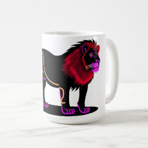 Vivide Neon Lion Illustration mit pulsierender Mag Kaffeetasse
