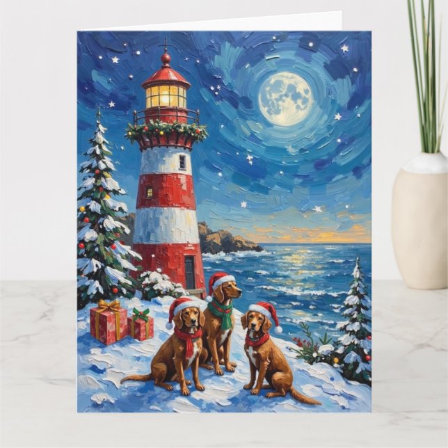 Vizsla Christmas Lighthouse Holiday Karte (Vorderseite)