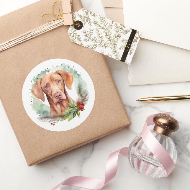 Vizsla Christmas Wreath Festivals Runder Aufkleber (Schenken)