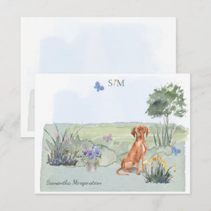 Vizsla Dog Butterfly Meadow Monogram & Name Mitteilungskarte
