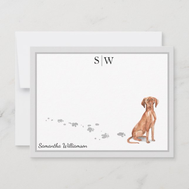 Vizsla Dog Grey Border Monogram Personalisiert Mitteilungskarte (Vorderseite)