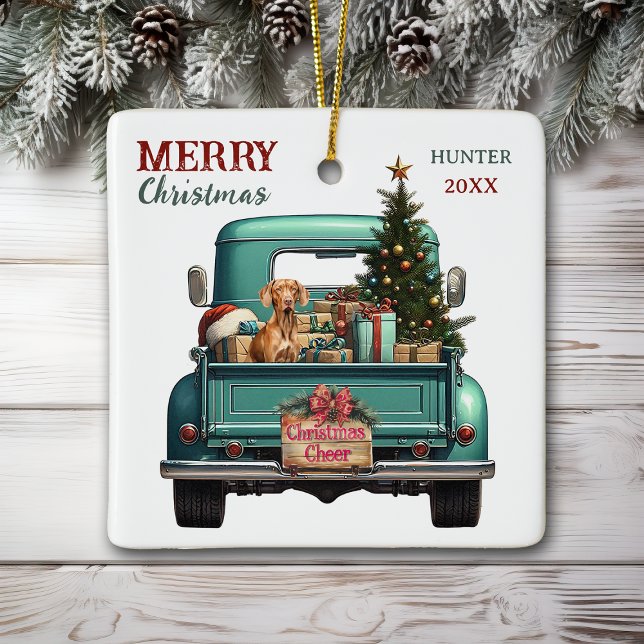 Vizsla Dog Retro Truck Weihnachten Keramikornament (Von Creator hochgeladen)