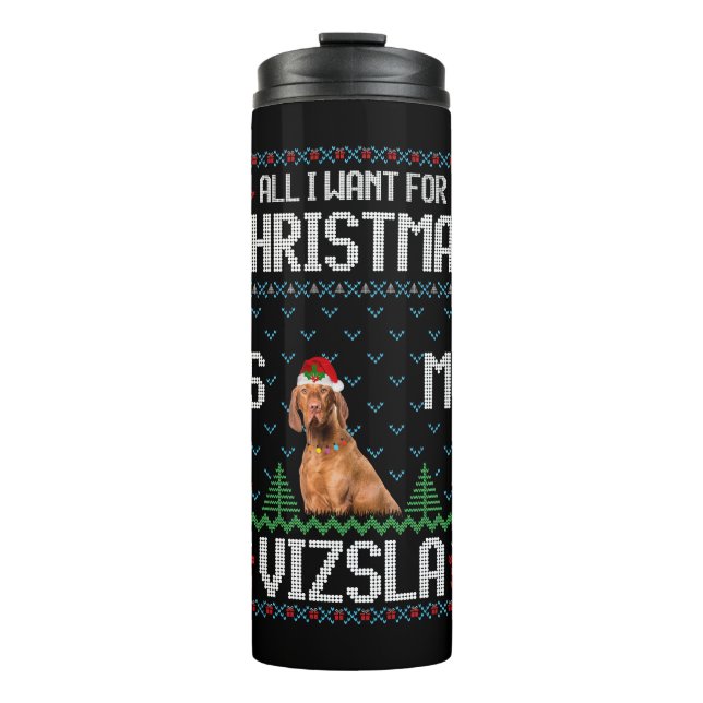 Vizsla Dog Ugly Christmas Sweater Thermosbecher (Vorderseite)