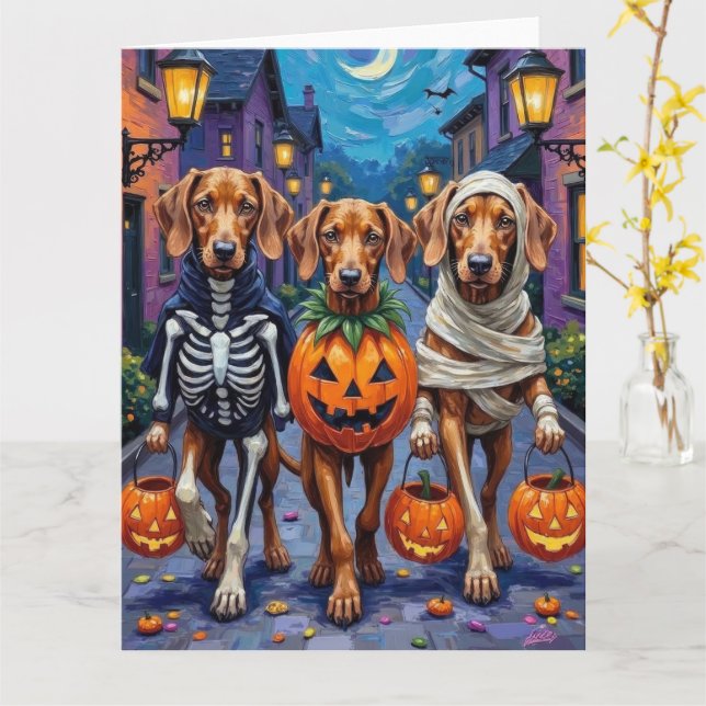 Vizsla Dogs Trick-or-Treating in Halloween-Kostüm Karte (Gelbe Blume)