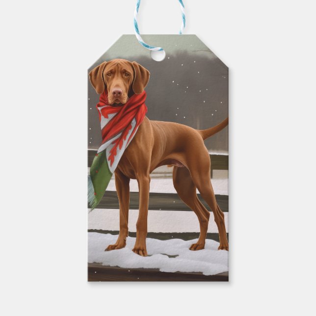 Vizsla Hund in Schnee Weihnachten Geschenkanhänger (Vorderseite)