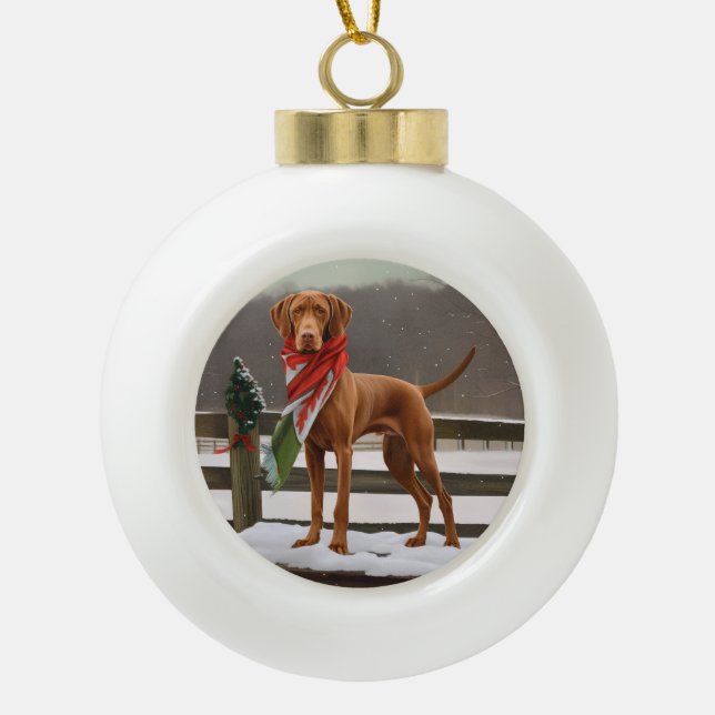 Vizsla Hund in Schnee Weihnachten Keramik Kugel-Ornament (Vorderseite)
