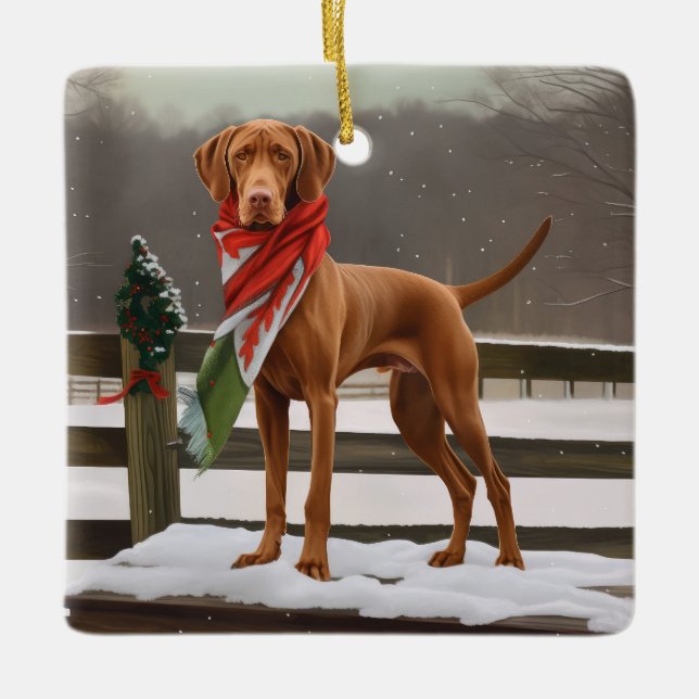 Vizsla Hund in Schnee Weihnachten Keramikornament (Vorderseite)