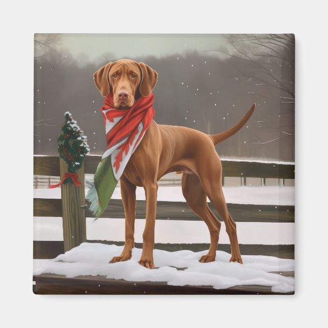 Vizsla Hund in Schnee Weihnachten Magnet (Vorne)