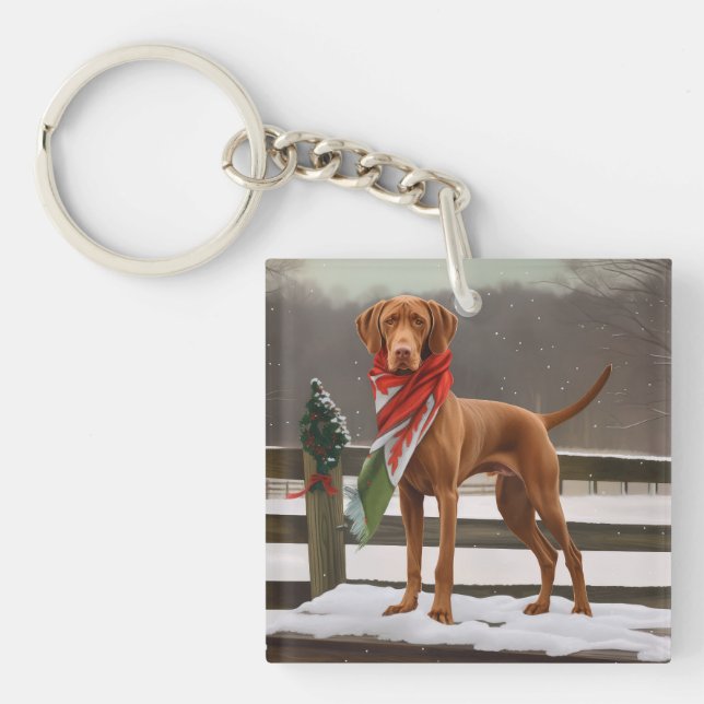 Vizsla Hund in Schnee Weihnachten Schlüsselanhänger (Vorderseite)