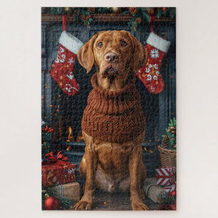 Vizsla-Hund mit Weihnachtsgeschenken Kamin Puzzle