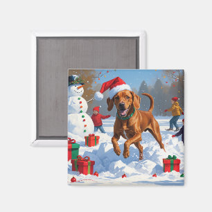 Vizsla läuft im Schnee mit Weihnachtsmütze Magnet