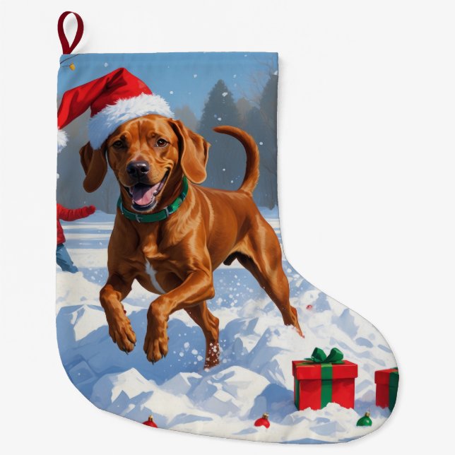 Vizsla läuft in Snow mit Weihnachtshut Großer Weihnachtsstrumpf (Vorderseite)