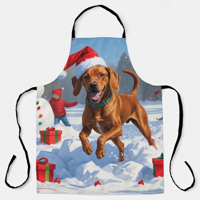 Vizsla läuft in Snow mit Weihnachtshut Schürze (Vorderseite)