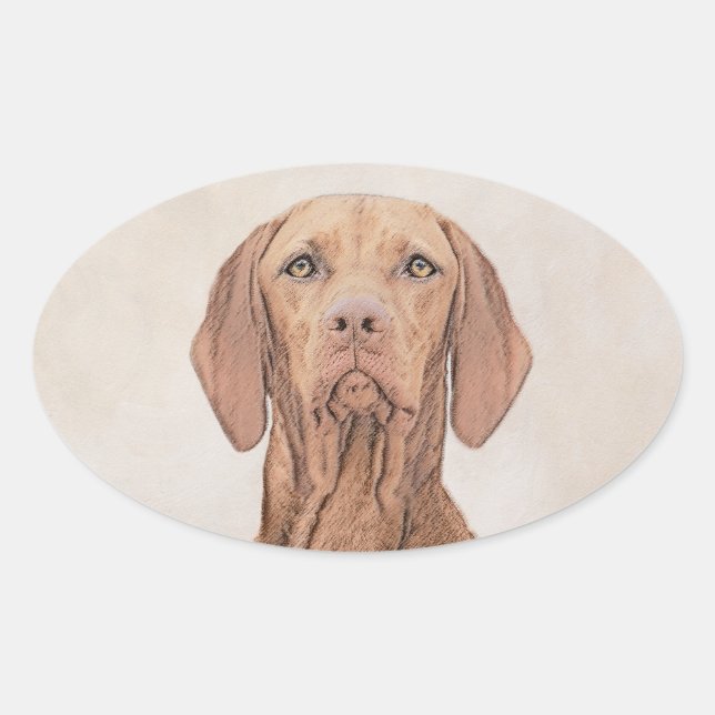 Vizsla-Malerei - Niedliche Original Hunde Kunst Ovaler Aufkleber (Vorderseite)