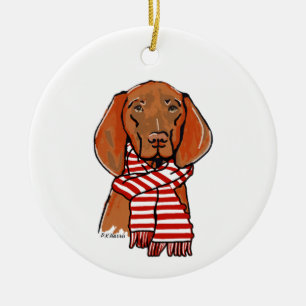 Vizsla mit einem roten und weißen Schal Keramik Ornament